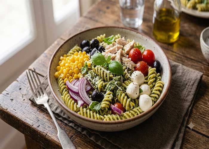Ensalada de tirabuzones con salsa pesto