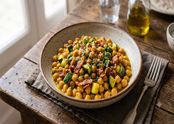 Garbanzos salteados con calabacín y panceta